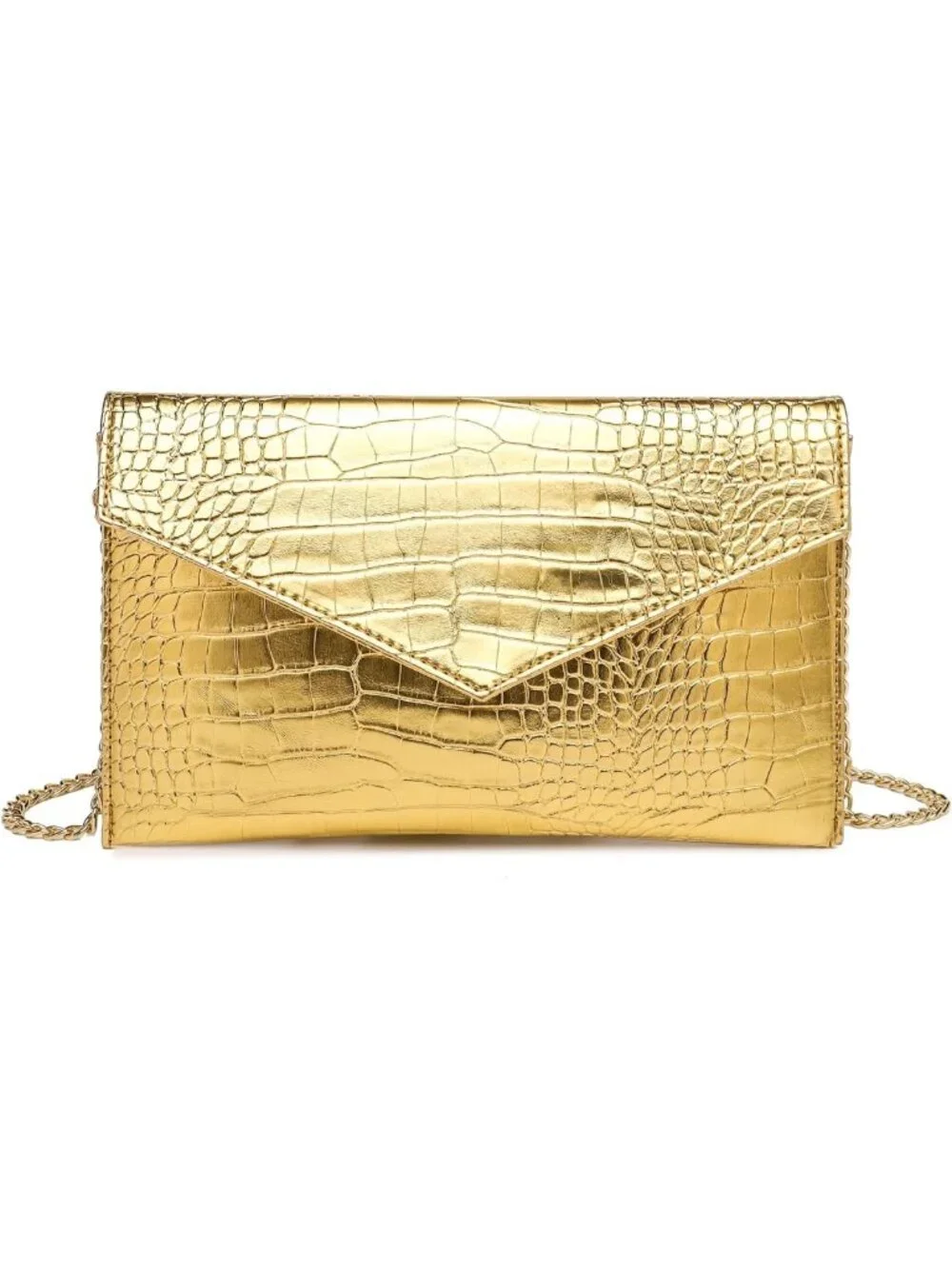 Chic Metallic Gold Envelope Clutch Purse with Detachable Chain for Women